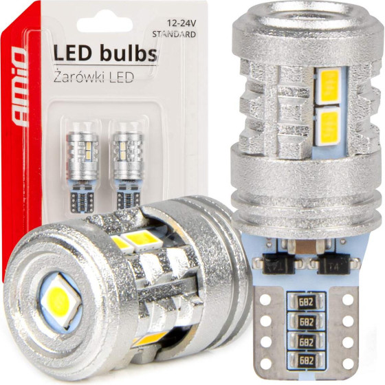 AMiO �������� Led T10 W5W 12/24V Led 6x3020+1x3030SMd Standard ����� ���� - 2 ���. - (03718)