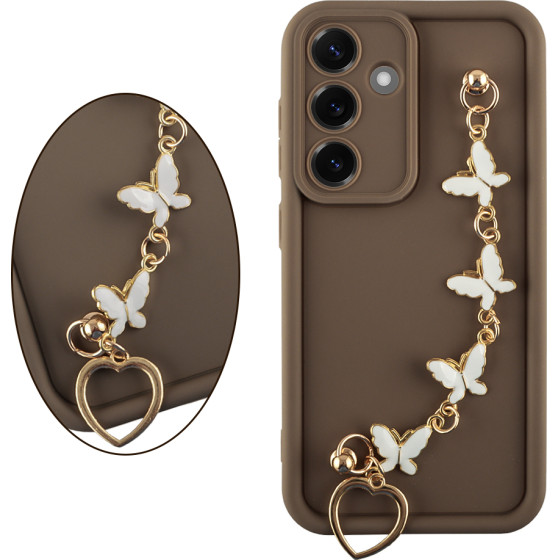 Volte-Tel ���� Samsung S25 5G S931 6.2'' Silicon Tpu With Strap Full Camera Protection Brown With White BUTTERFLIES