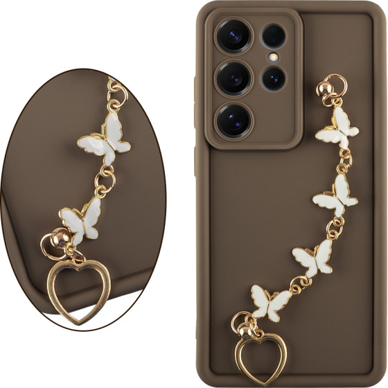 Volte-Tel ���� Samsung S25 Ultra 5G S938 6.9'' Silicon Tpu With Strap Full Camera Protection Brown With White BUTTERFLIES
