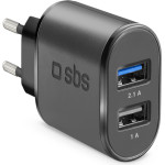 SBS Travel Charger 2 Ports 2.1A 10W Black - (TR2USB21AFAST)