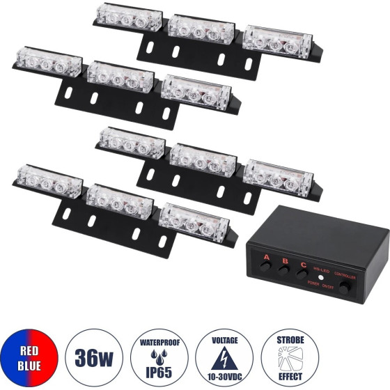 GloboStar Pro Series ��� 4 x 3 ������ �������� �������� ������ �������� ��� ���������� & ������� 3 ������������ �������� Strobe Led High Power 36W Dc 10-30V ��������� IP65 ������� & ����- �18 x �4.5 x �3cm - 2 ������ ������� - (85017)