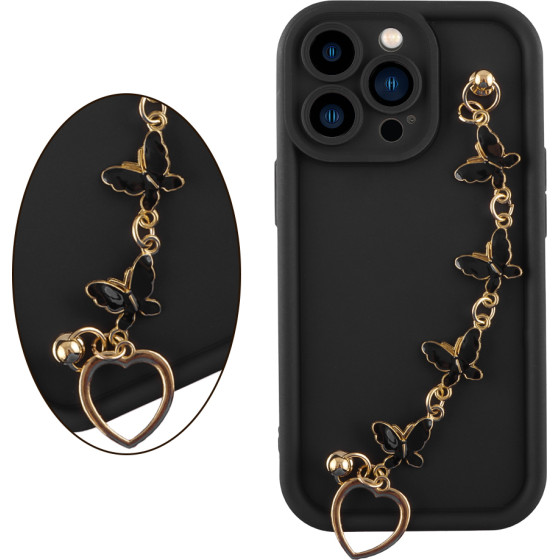 Volte-Tel ���� Iphone 13 Pro 6.1'' Silicon Tpu With Strap Full Camera Protection Black With Black BUTTERFLIES