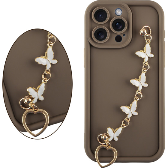 Volte-Tel ���� Iphone 15 Pro Max 6.7'' Silicon Tpu With Strap Full Camera Protection Brown With White BUTTERFLIES