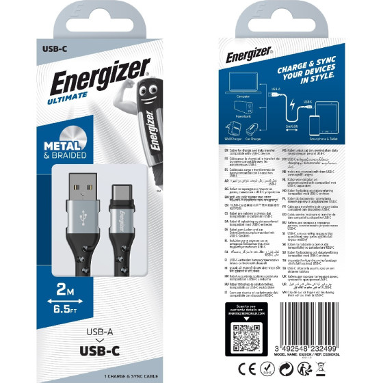 Energizer ������� �������� Metal / Braided Nylon USB-A �� USB-C ����� 2m - (C520CKSL)