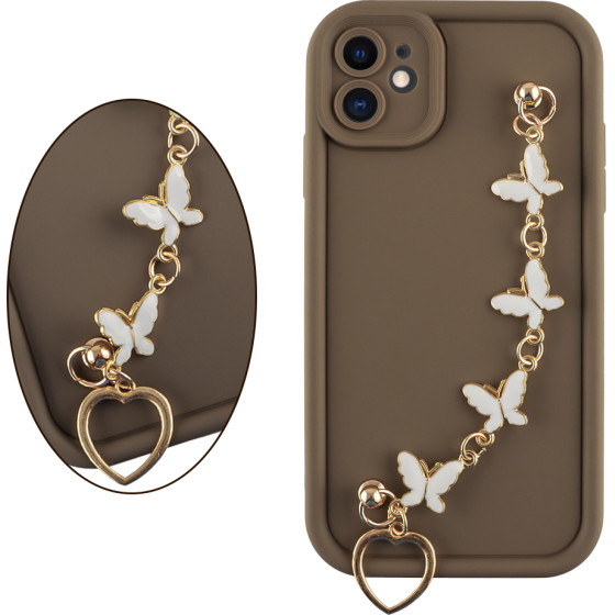 Volte-Tel ���� Iphone 11 6.1'' Silicon Tpu With Strap Full Camera Protection Brown With White BUTTERFLIES - (5205308379543)
