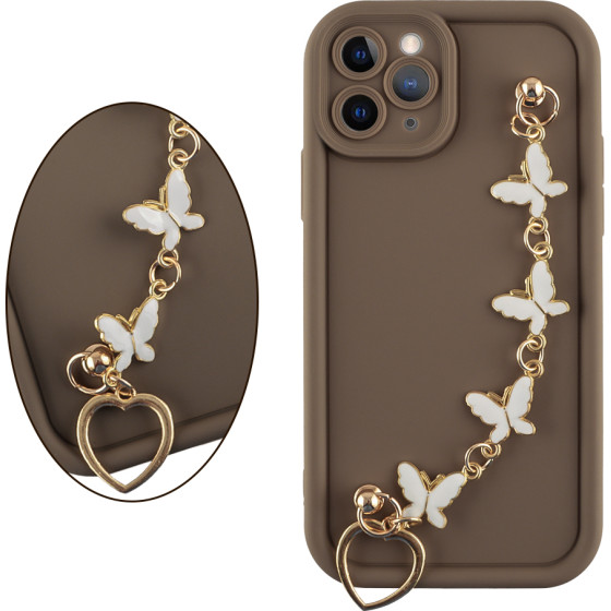 Volte-Tel ���� Iphone 11 Pro 5.8'' Silicon Tpu With Strap Full Camera Protection Brown With White BUTTERFLIES - (5205308379529)