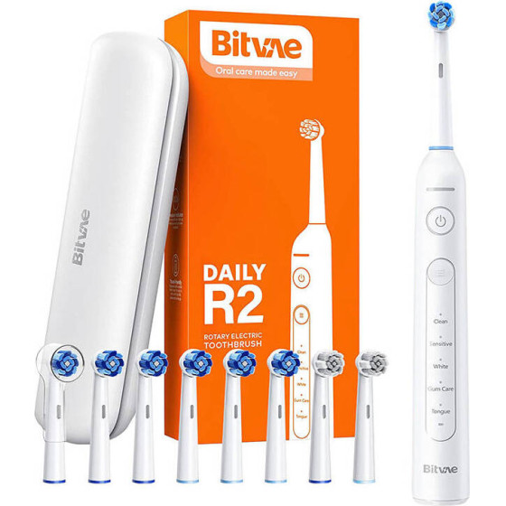 Bitvae Rotary toothbrush with tips set and travel case R2 (white) - (R2 White+heads+case)