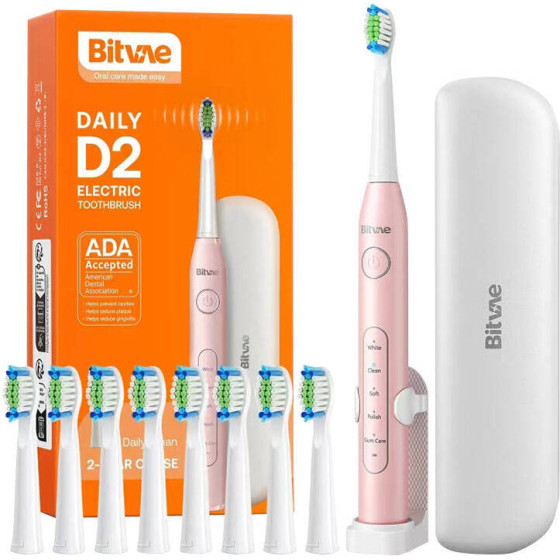 Bitvae Sonic toothbrush with tips set, holder and case D2 (pink) - (D2Pink+holder+case)