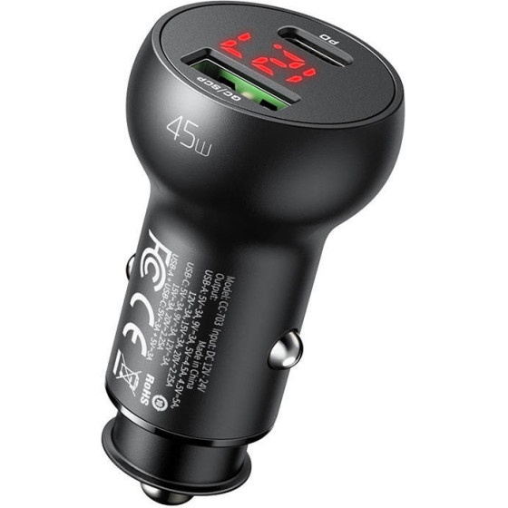 Mcdodo Car Charger USB + USB-C, with Display, 45W (Black) - (CC-7030)