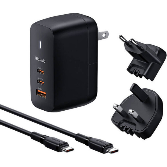 Mcdodo UK/US/EU network charger, 2x USB-C + USB-A, USB-C cable 2m, 65W (black) - (CH-8442)