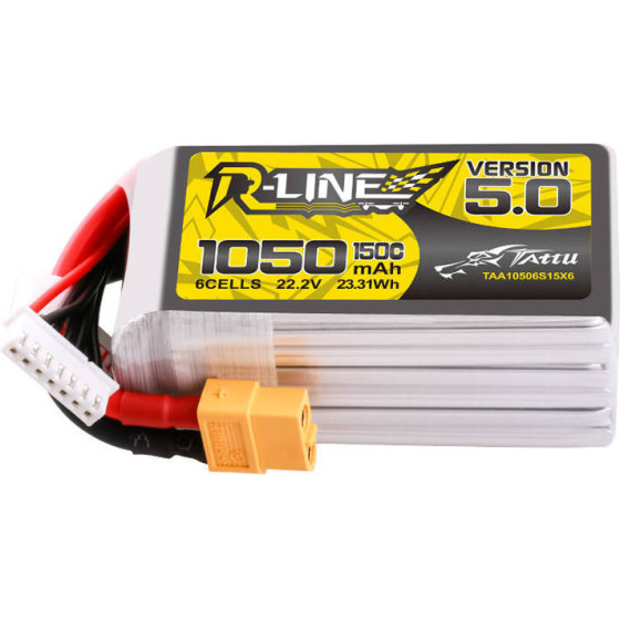 Tattu R-Line 5.0 1050mAh 22.2V 6S 150C XT60 Plug Battery - (TAA10506S15X6)
