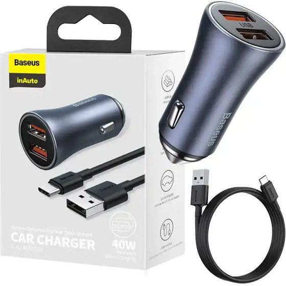 Baseus ��������� ����������� Golden Contactor Pro, 2xUSB, 40W �� ������� USB �� USB-C 1m (����/�����) - (TZCCJD-A0G)
