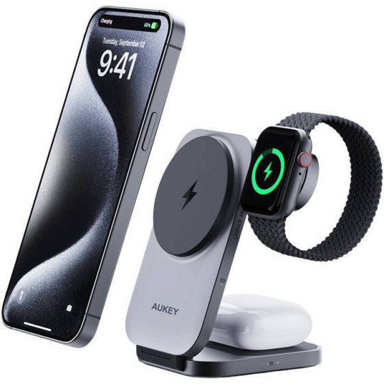 Aukey Magnetic Wireless Charger 3 In 1 Magfusion 15W Qi2 (gray) - (LC-MC312)