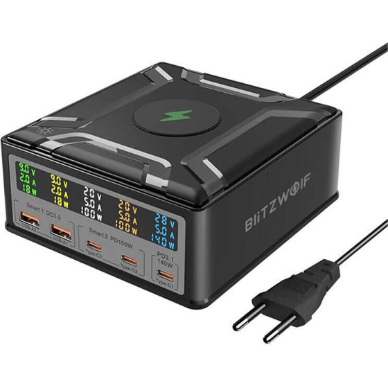 BlitzWolf 260W, 2xUSB-A, 3xUSB-C, 15W Wireless Charger (black) - (BW-S28)