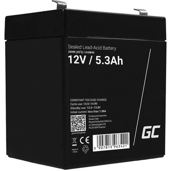Green Cell Maintenance-Free Agm Vrla 12V 5.3Ah Battery (For Alarm system, Cash register, toy) - (AGM45)
