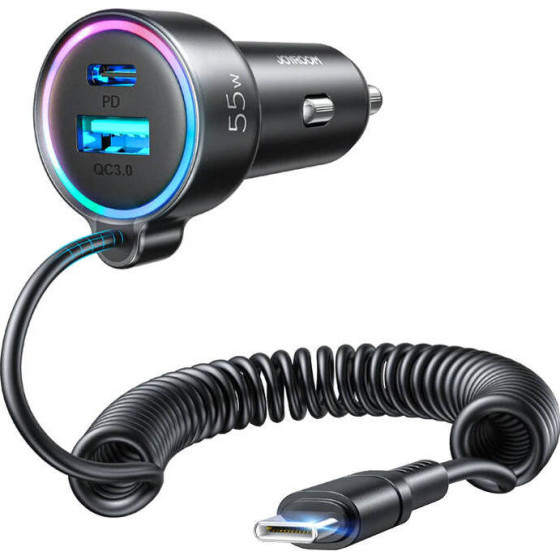Joyroom Car Charger 3-in-1, 1x Usb + 1x PD, 55W + Type-C Cable (black) - (JR-CL07)