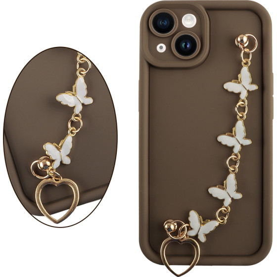 Volte-Tel ���� Iphone 14 6.1'' Silicon Tpu With Strap Full Camera Protection Brown With White BUTTERFLIES