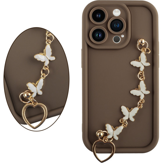 Volte-Tel ���� Iphone 14 Pro 6.1'' Silicon Tpu With Strap Full Camera Protection Brown With White BUTTERFLIES