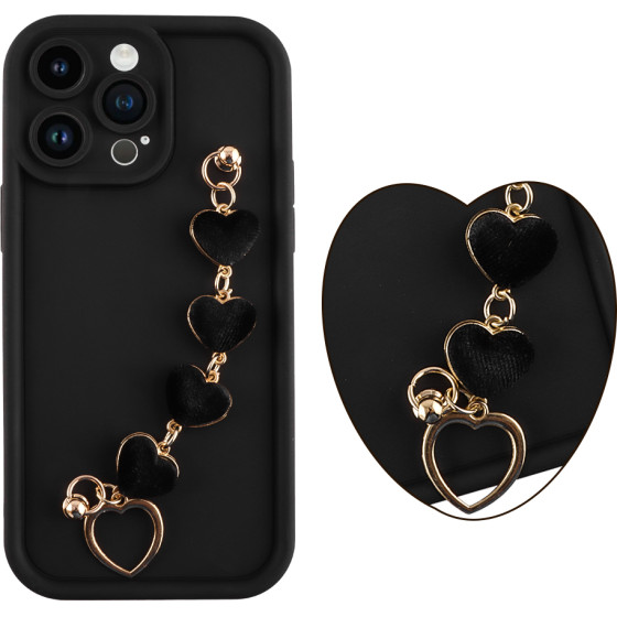 Volte-Tel ���� Iphone 14 Pro Max 6.7'' Silicon Tpu With Strap Full Camera Protection Black With Black HEARTS