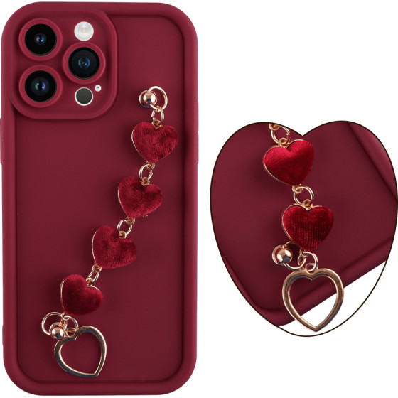 Volte-Tel ���� Iphone 14 Pro Max 6.7'' Silicon Tpu With Strap Full Camera Protection Burgundy With Red HEARTS