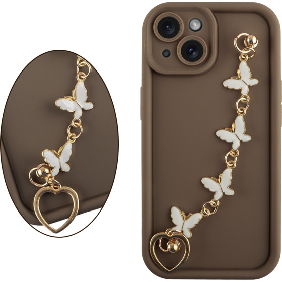 Volte-Tel ���� Iphone 15 6.1'' Silicon Tpu With Strap Full Camera Protection Brown With White BUTTERFLIES