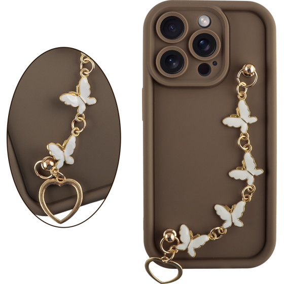 Volte-Tel ���� Iphone 15 Pro 6.1'' Silicon Tpu With Strap Full Camera Protection Brown With White BUTTERFLIES