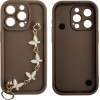 Volte-Tel ���� Iphone 15 Pro 6.1'' Silicon Tpu With Strap Full Camera Protection Brown With White BUTTERFLIES
