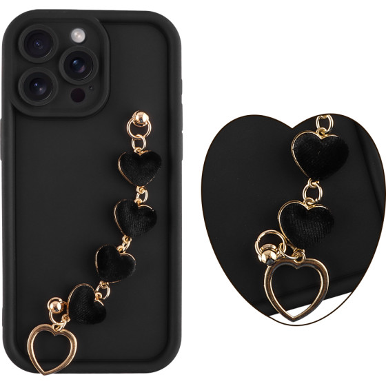 Volte-Tel ���� Iphone 15 Pro Max 6.7'' Silicon Tpu With Strap Full Camera Protection Black With Black HEARTS