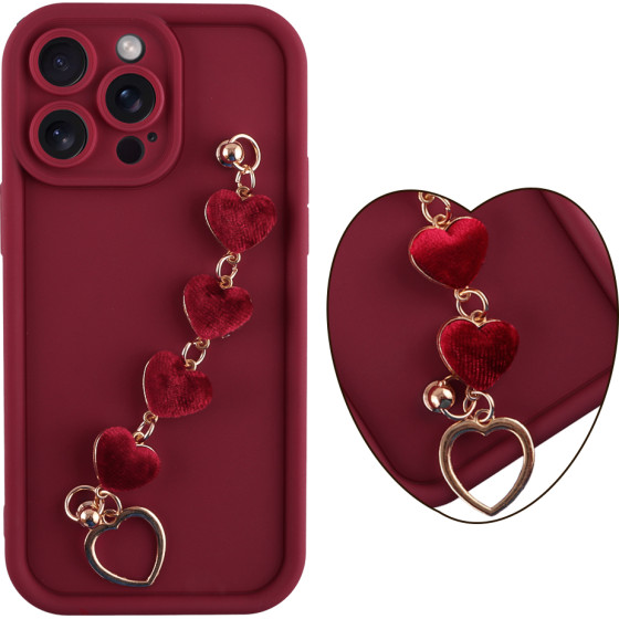 Volte-Tel ���� Iphone 15 Pro Max 6.7'' Silicon Tpu With Strap Full Camera Protection Burgundy With Red HEARTS