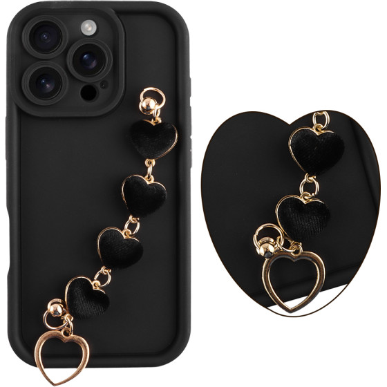 Volte-Tel ���� Iphone 16 Pro 6.3'' Silicon Tpu With Strap Full Camera Protection Black With Black HEARTS