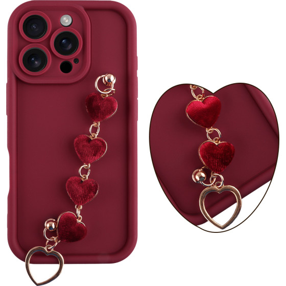 Volte-Tel ���� Iphone 16 Pro Max 6.9'' Silicon Tpu With Strap Full Camera Protection Burgundy With Red HEARTS