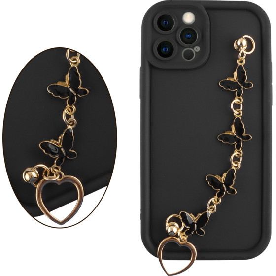Volte-Tel ���� Iphone 12 Pro 6.1'' Silicon Tpu With Strap Full Camera Protection Black With Black BUTTERFLIES