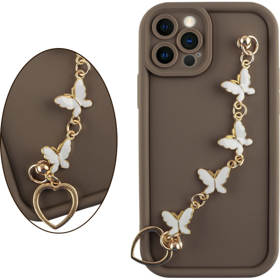 Volte-Tel ���� Iphone 12 Pro 6.1'' Silicon Tpu With Strap Full Camera Protection Brown With White BUTTERFLIES