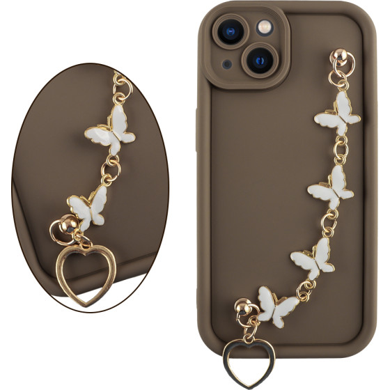 Volte-Tel ���� Iphone 13 6.1'' Silicon Tpu With Strap Full Camera Protection Brown With White BUTTERFLIES