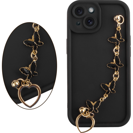 Volte-Tel ���� Iphone 14 6.1'' Silicon Tpu With Strap Full Camera Protection Black With Black BUTTERFLIES