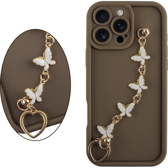 Volte-Tel ���� Iphone 16 Pro 6.3'' Silicon Tpu With Strap Full Camera Protection Brown With White BUTTERFLIES