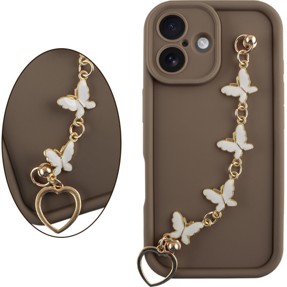 Volte-Tel ���� Iphone 16 6.1'' Silicon Tpu With Strap Full Camera Protection Brown With White BUTTERFLIES