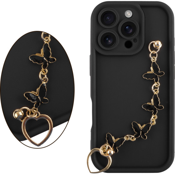 Volte-Tel ���� Iphone 16 Pro 6.3'' Silicon Tpu With Strap Full Camera Protection Black With Black BUTTERFLIES