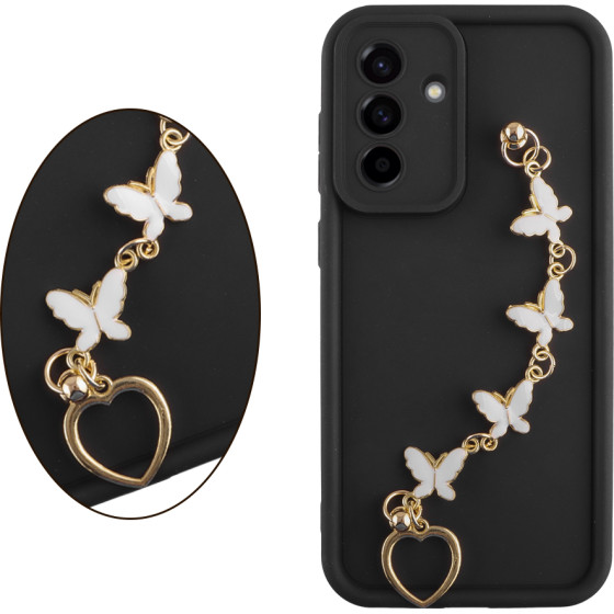 Volte-Tel ���� Samsung A56 5G A566 6.7'' Silicon Tpu With Strap Full Camera Protection Black With White BUTTERFLIES