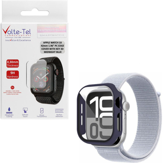 Volte-Tel Tempered Glass Apple Watch 10 42mm 1.77'' 9H 0.30mm Pc Edge Cover With Key 3D Full Glue Full Cover Midnight BLUE - (5205308377761)