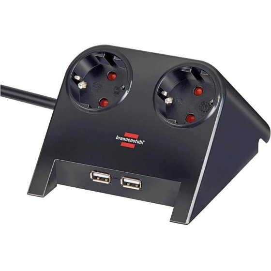 Brennenstuhl Desktop-Power USB-Charger With 2x USB-2.0 Charger 2100mA 2-Way socket, Black Polished 1.8m H05VV-F 3G1.5 - (1153500222)