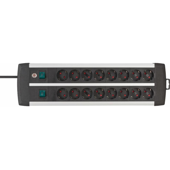 Brennenstuhl Premium-Alu-Line Technics Extension Lead 16-Way Duo Black 3m H05VV-F 3G1.5 With Every 8 Sockets Switched - (1391000916)