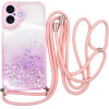 Vivid Bling Glitter With Stars Case And Lanyard Apple Iphone 16 Pink - (CS- NC-2-2409001)