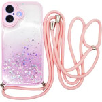 Vivid Bling Glitter With Stars Case And Lanyard Apple Iphone 16 Pink - (CS- NC-2-2409001)