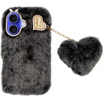 Vivid Fluffy Plush Case With Heart-Shaped Chain Apple Iphone 16 Grey/Black - (CS-FR-1-2409001)