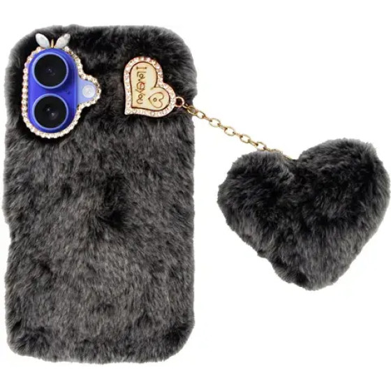 Vivid Fluffy Plush Case With Heart-Shaped Chain Apple Iphone 16 Grey/Black - (CS-FR-1-2409001)