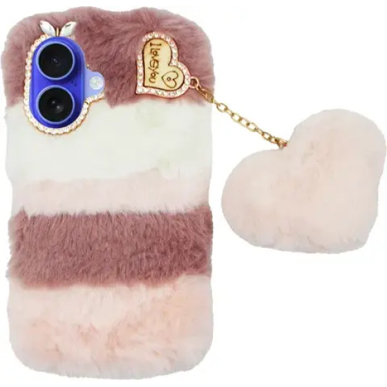 Vivid Fluffy Plush Case With Heart-Shaped Chain Apple Iphone 16 Pink - (CS-FR-2-2409001)