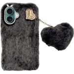 Vivid Fluffy Plush Case With Heart-Shaped Chain Apple Iphone 16 Plus Grey/Black - (CS-FR-1-2409004)