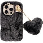Vivid Fluffy Plush Case With Heart-Shaped Chain Apple Iphone 16 Pro Grey/Black - (CS-FR-1-2409002)