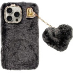 Vivid Fluffy Plush Case With Heart-Shaped Chain Apple Iphone 16 Pro Max Grey/Black - (CS-FR-1-2409003)